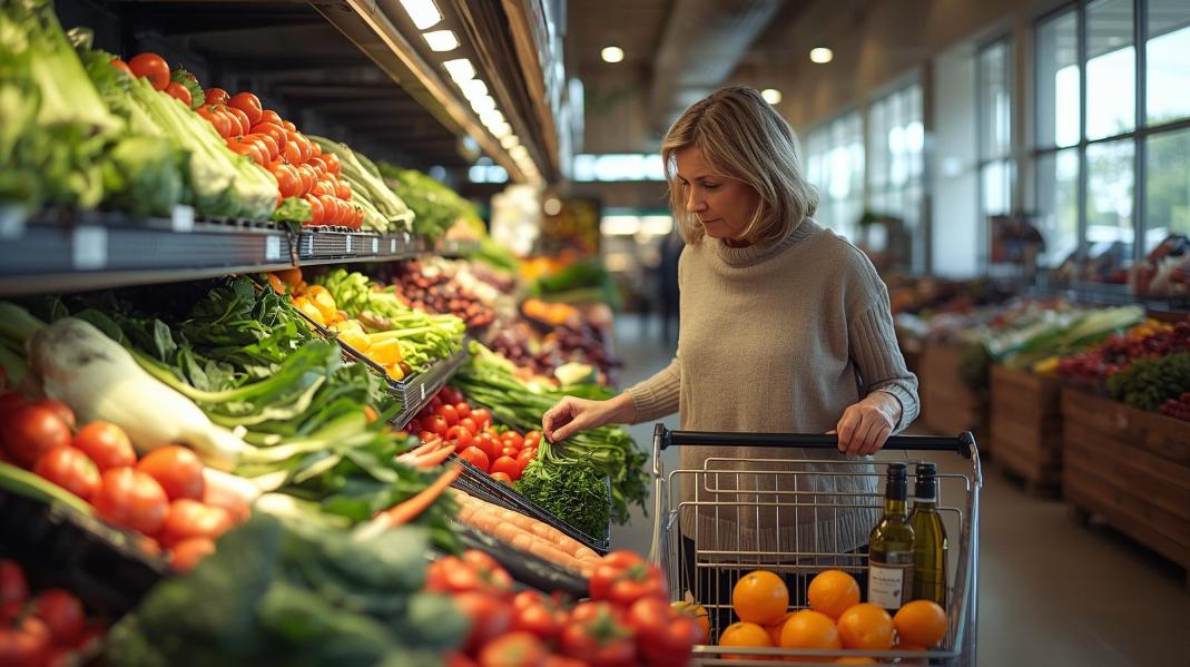 Woman choosing colorful vegetables thoughtfully inside bright grocery store produce section aisle.