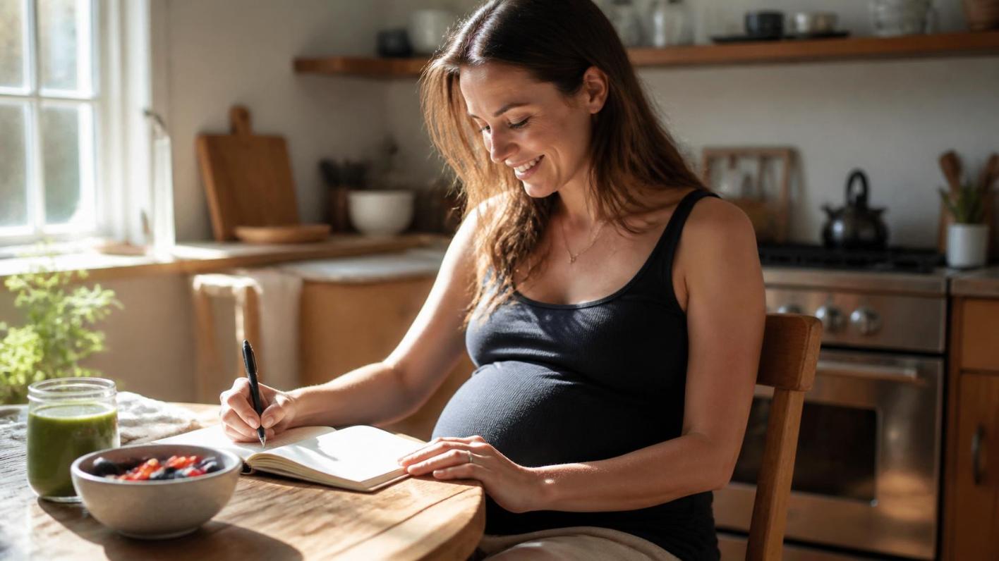 Pregnant woman journaling happily beside fresh fruit and a healthy smoothie.